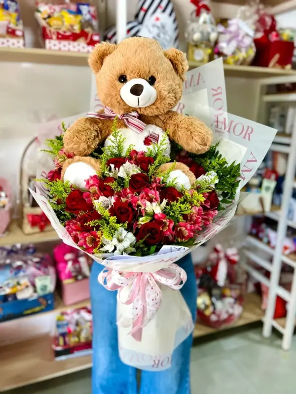 Buquê de 12 rosas + Urso G - Imagem 3